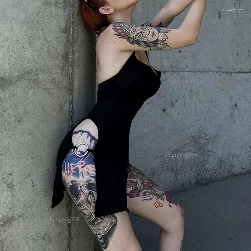 Casual Dresses Goth Dark Backless Mall Gothic Split Sexy Mini Y2k Punk Hollow Out Side Halter Dress Women Grunge O-ring Night Partywear