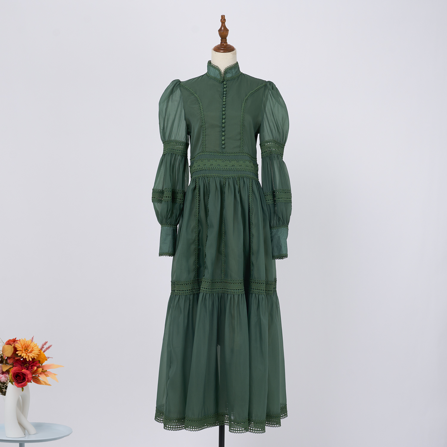 Basic Casual Dresses Autumn Holiday Flower Embroidery Lace Spliced Long Dresses Womens Stand Lantern Sleeve Hollow Out Mesh Evening Party Vestidos