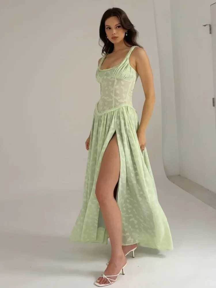 Wen Ele wer Printed Ultra Thin A-line Strap Dress Fashion Square Collar High Waist Dress Womens Party Holiday Dress M241123