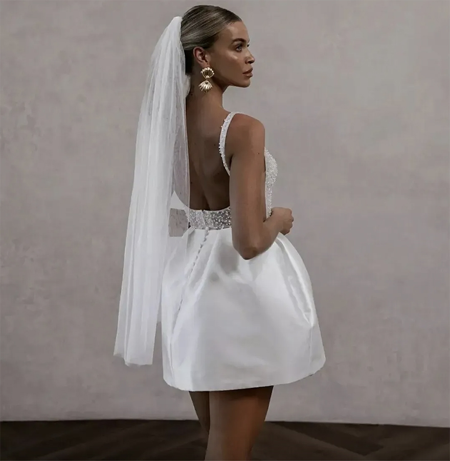 Vintage Short A Line Wedding Dress 2024 Spaghetti Straps Pearls Top Backless Satin Bridal Bride Party Gown Vestidos Noiva Robe De Mariage 0509