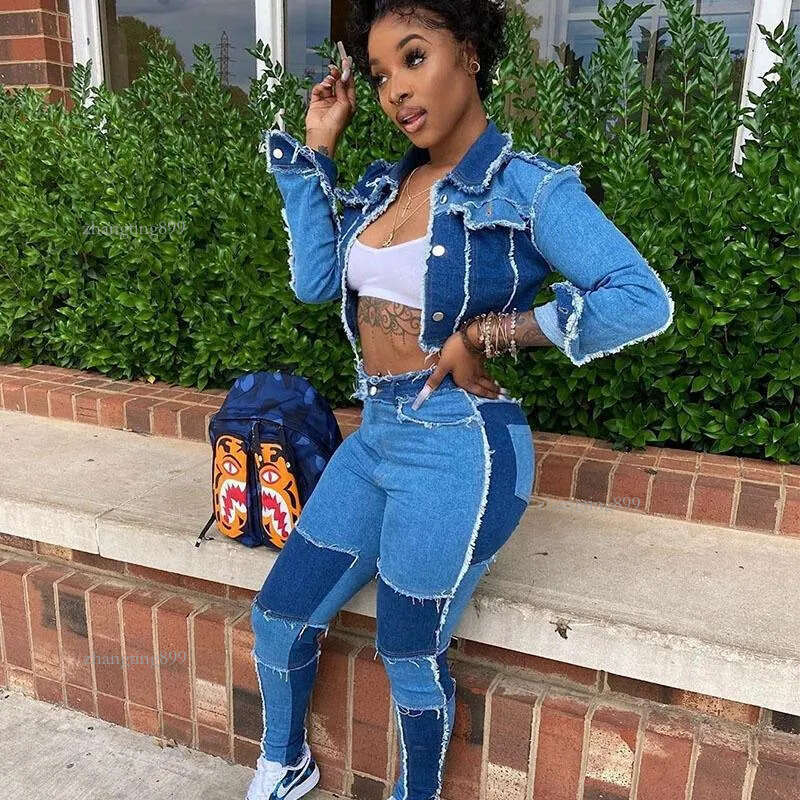 Women's Tracksuits 2 Piece Club Outfits Matching Sets Blue Denim Jeans Suit Long Sleeve Jacket Crop Top & Pants Set