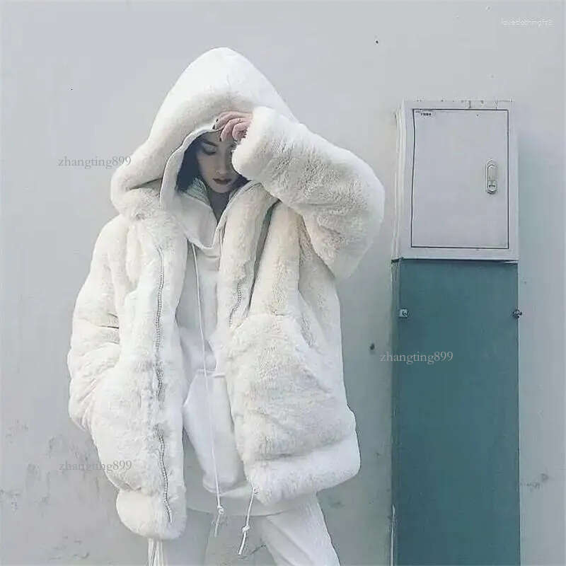 Women's Fur Plush Jacket Women Winter White Large Size Thicken Warm Hooded 2023 Zipper Furry Soft Outwear Faux Overcoat