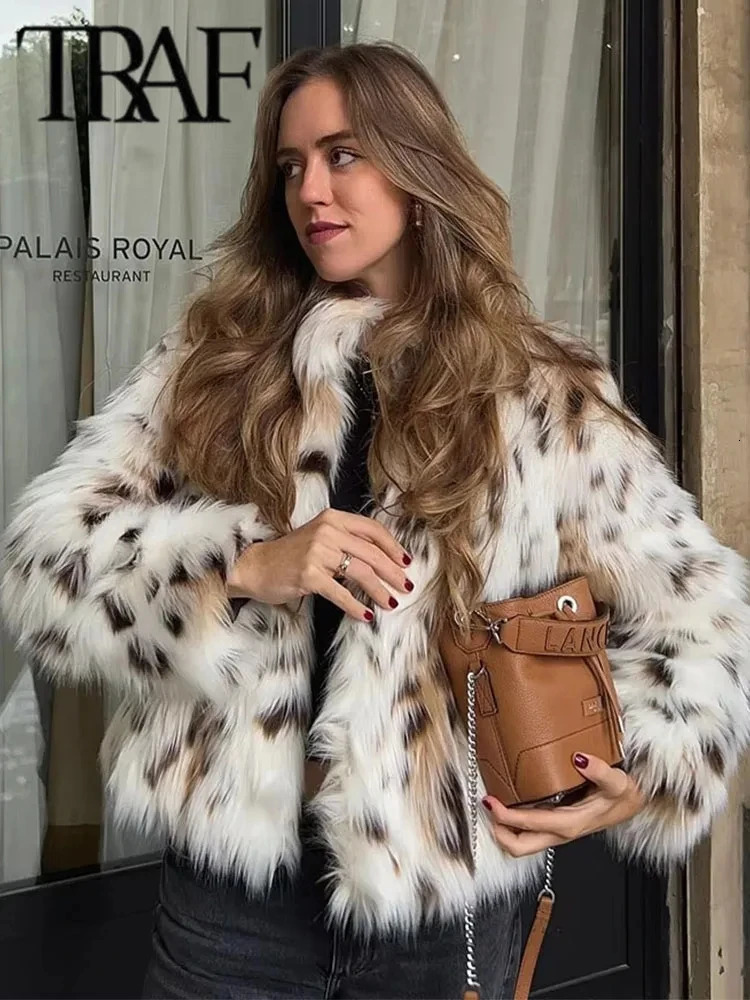 TRAF Print Faux Fur Coat Women Long Sleeve Winter Coats Woman 2024 in Outerwears for Fluffy Jacket 241120