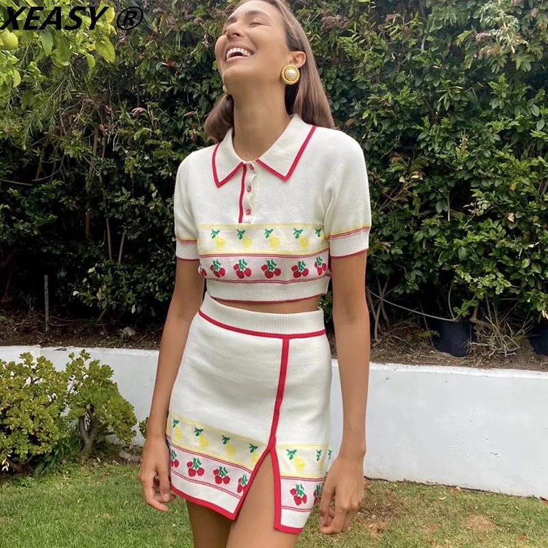 XEASY Women Suit Summer Fashion Knitting Cherry Short Sleeve Top Vintage Female High Waist Split Fork Skirt 2Piece Set 240423