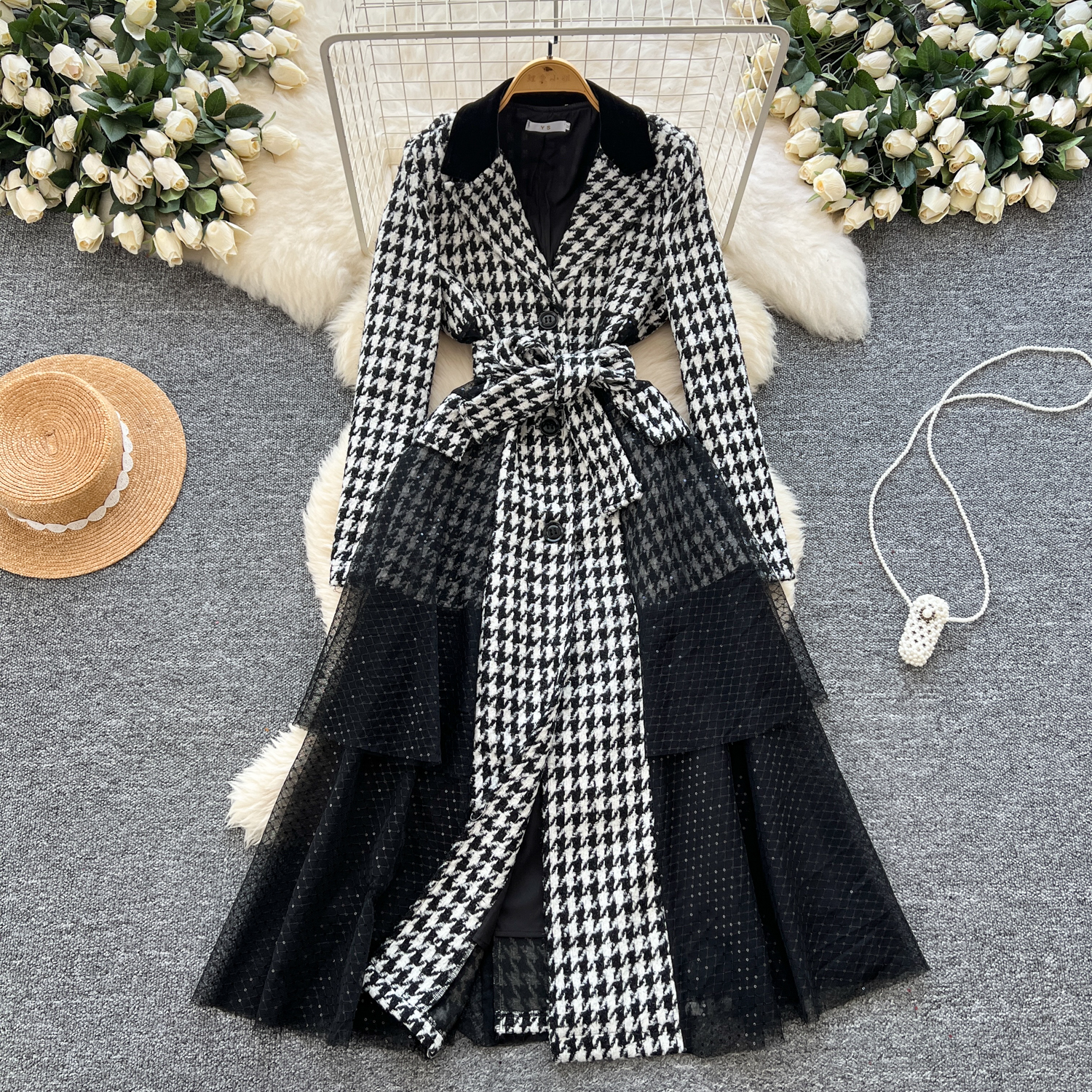 Outerwear Fashion Designer Sequins Mesh Spliced Overcoat Autumn Winter Women's Single Breasted Houndstooth Belt Tweed Wool Long Coat