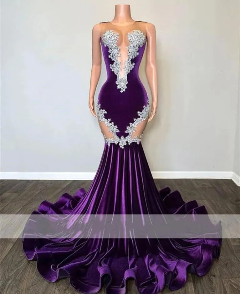 New Purple Velvet Prom Dresses With Appliques Sequins Sheer jewel Neck Ruffles Long Evening Gowns For Black Girls Special Occasion Wears