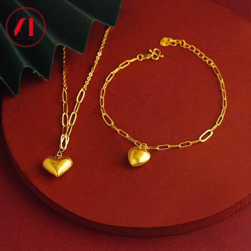 24K gold-plated r necklace simple polished heart-shaped hanging chain OL commuting jewelry 999 pure gold bracelet X241123