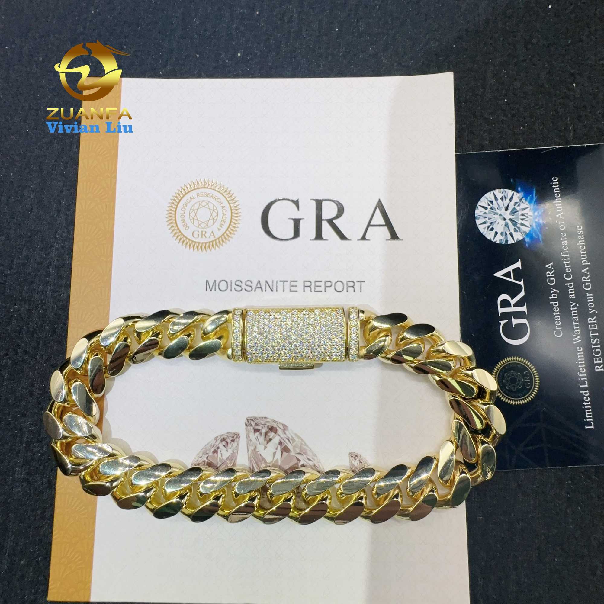 VVS Moissanite Diamond Clasp Sterling Silver 925 Cuban Hip Hop Jewelry 10K 14K 18K Real Gold Plated Plain Cuban Bracelet