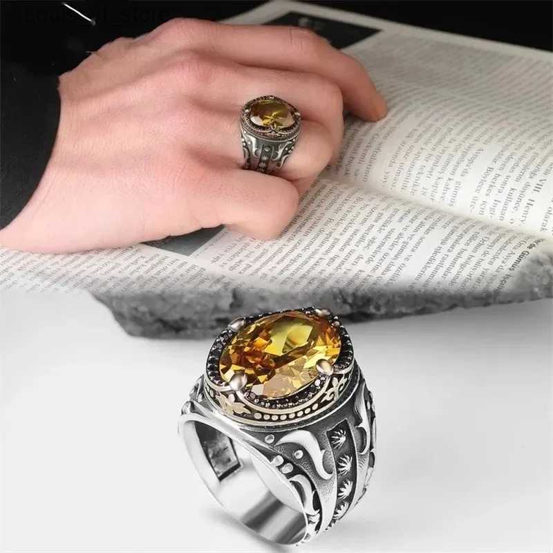 Band Rings Vintage Handmade Turkish Signet Ring for Men Trendy Silver Color Carving Pattern Inlay Multicolour Zircon Punk Motor Biker H240424