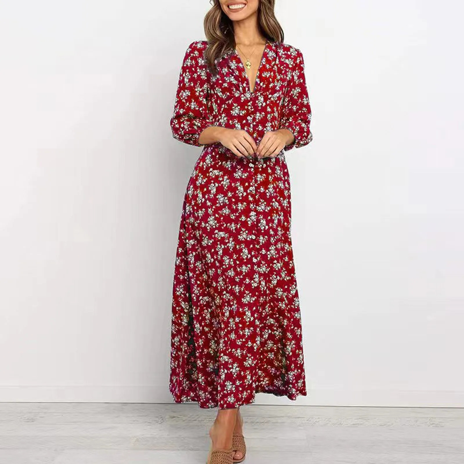 Womens Long Sleeve Bohemian Floral Maxi Dresses Loose Casual High Waist Boho Printed Dress Beach elegant womens dres 240419