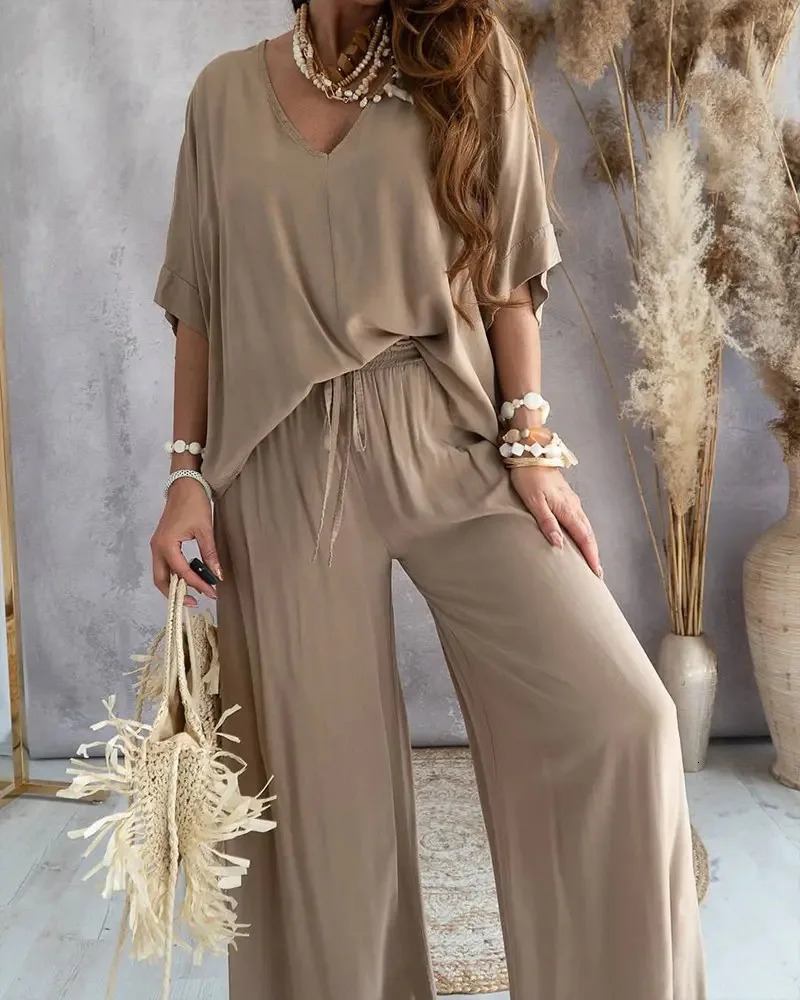 Elegant Womens T-shirt Long Pants 2 pcs Set Summer V-neck Bat Sleeve Loose Hollow Top Casual LadySuit S-XXL 240418