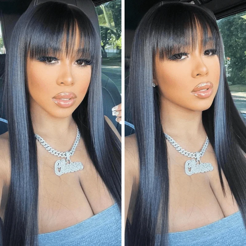 180density Brazilian Hair Middle Part StraightWig with Bangs Simulation Human Hair Wigs Glueless Black Wig Full Lace Front Wig for Women