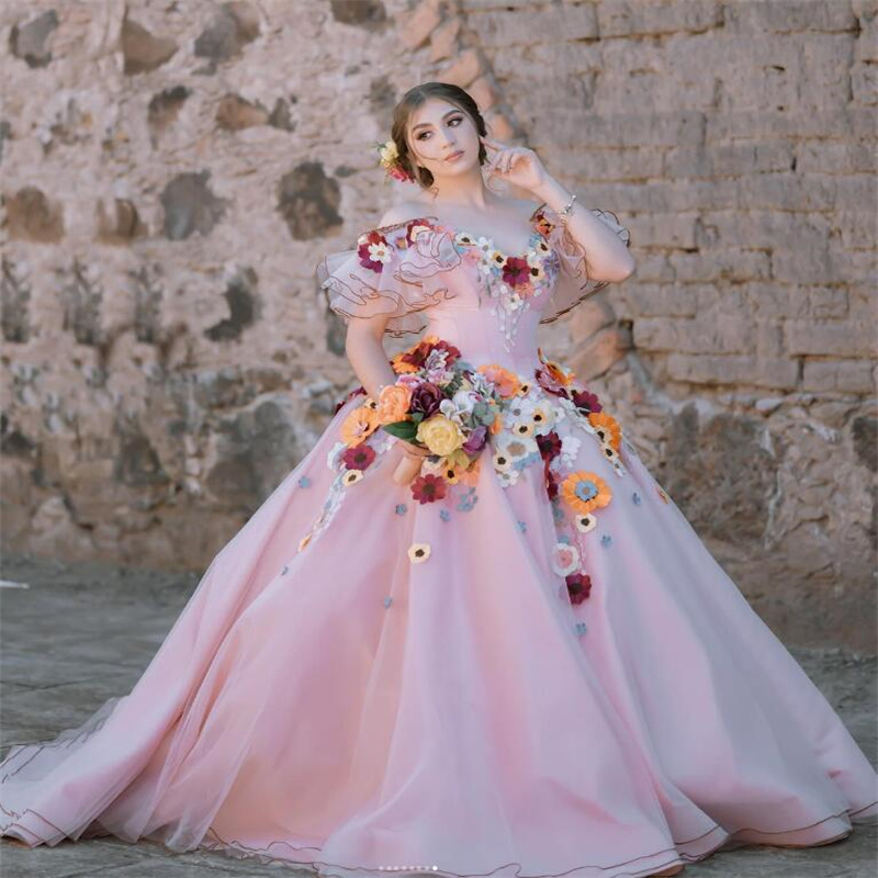 Fairytale Pink Florals Quinceanera Dresses Princess Off Shoulders 3D Flowers Birthday Party Gowns Gorgeous Debutante Robe Mariee Vestido De 15 Xv Anos
