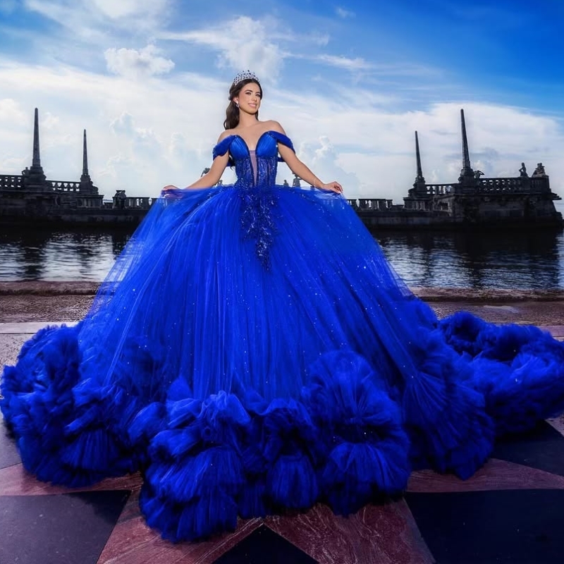 Blue Royal Shiny Quinceanera Dresses Off The Should Applique Beads Tull Tiered Ball Gown Sweet Dress Vestidos De Anos D