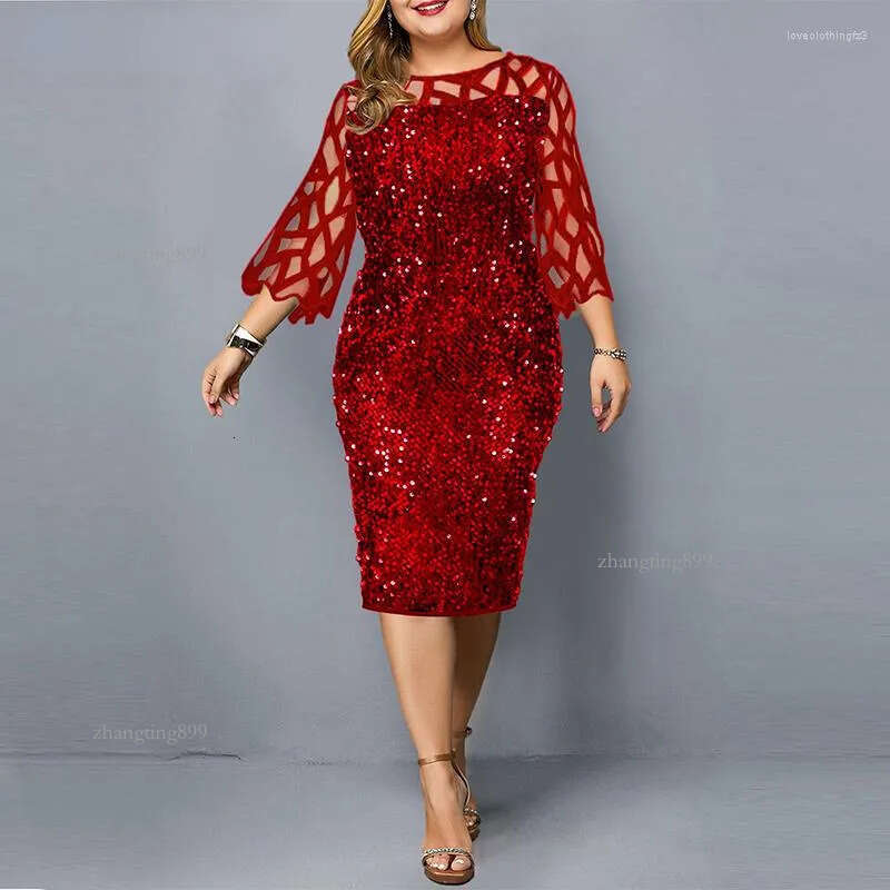 Casual Dresses Elegant Sequin Long Sleeve Plus Size Women Midi Dress Sexy Evening Party Wedding Luxury Robe Rouge Vestido