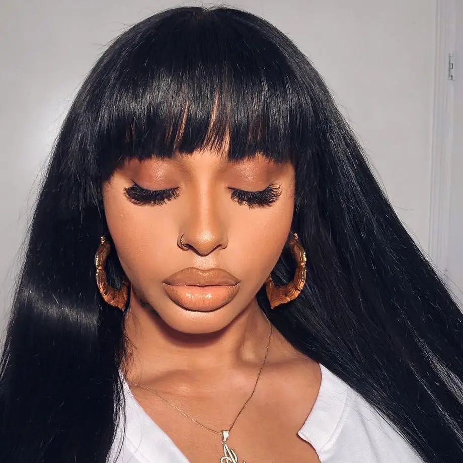 200density Straight Human Hair Wigs with Bangs NATURAL Brazilian Remy Human Hair Wigs Hair 28 Cheap Full Wigs for Women