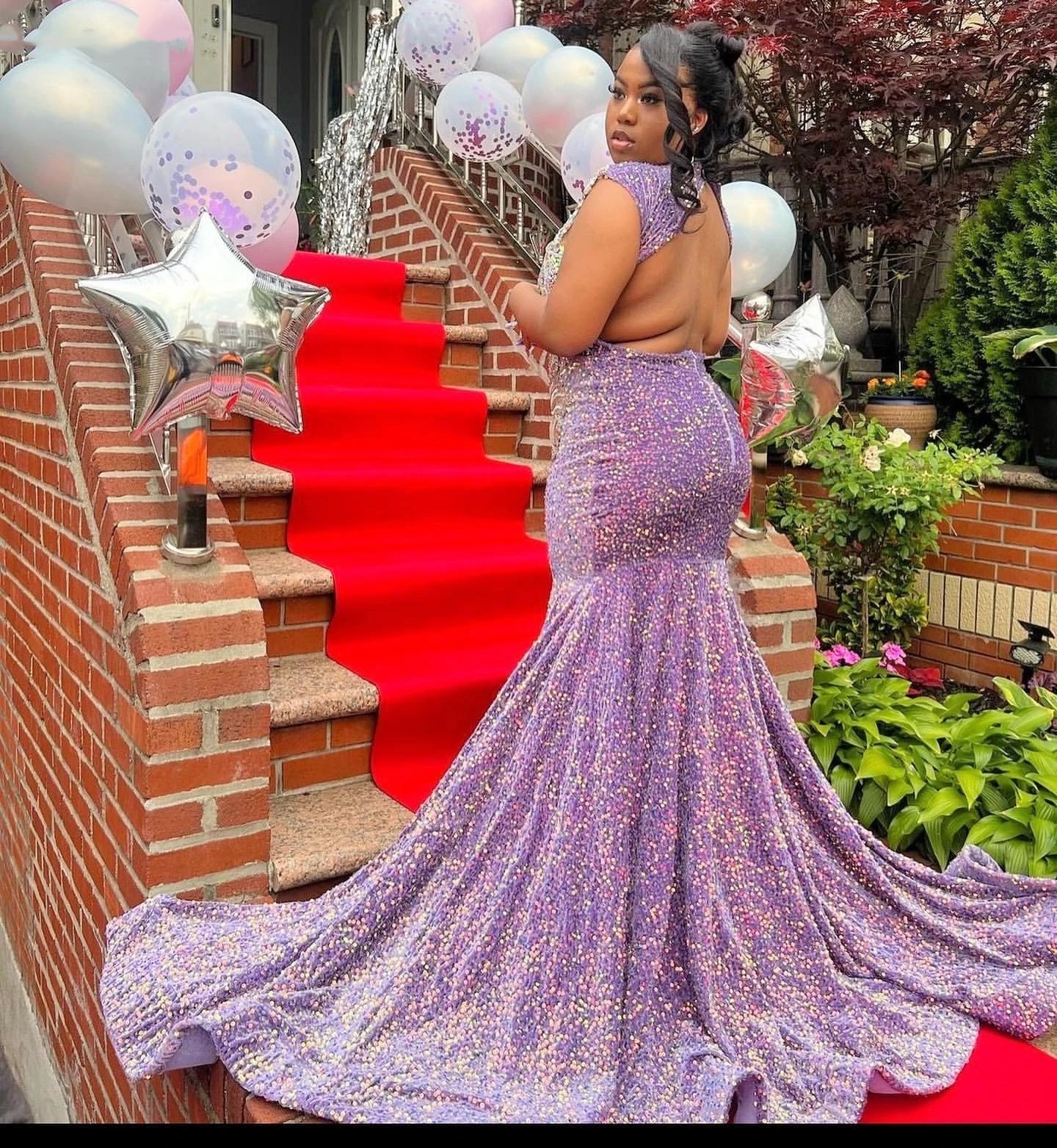 Glitter Purple Sequins Prom Dress For Black Girls High Slit Sier Crystal Beaded Party Gown Robe De Soiree