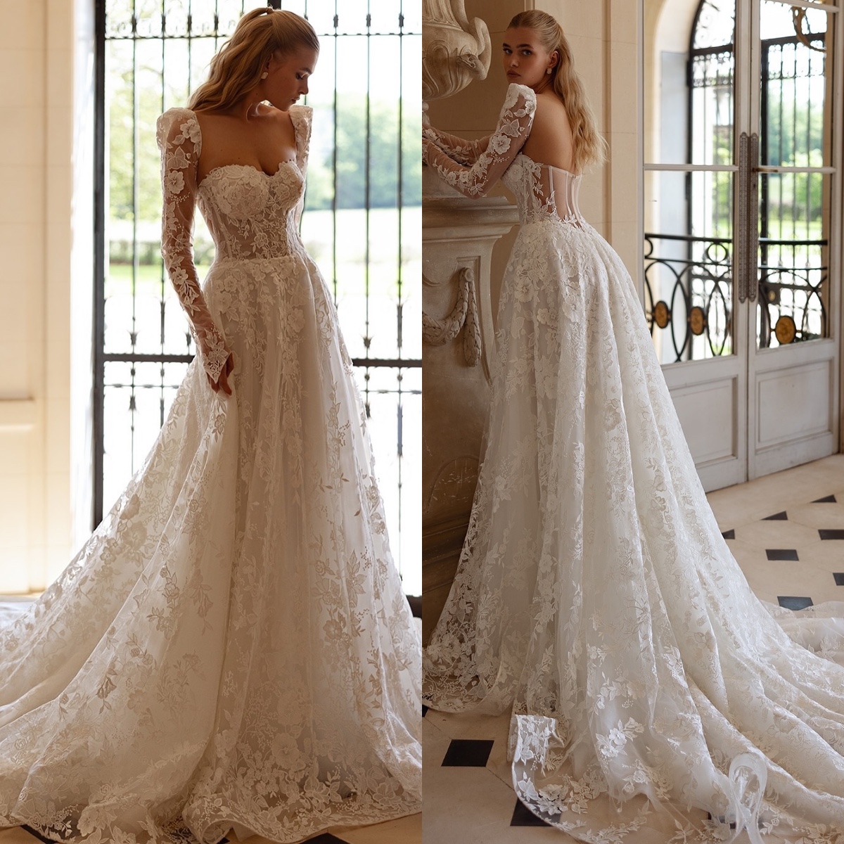 Dresses Princess Bridal Gowns Full Lace Long Sleeves Wedding Dress Sheer Backless Sweep Train Robe De Mariee