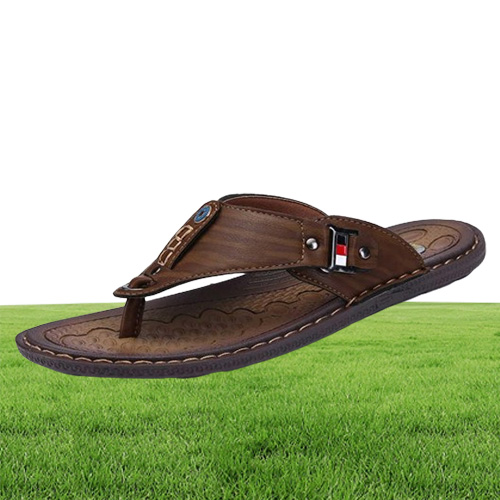 Summer Beach Men Flip Flops Pu Leather Slippers Male Flats Sandals outdoor Rubber Thong Beach Shoes Men Leather Brand 210615