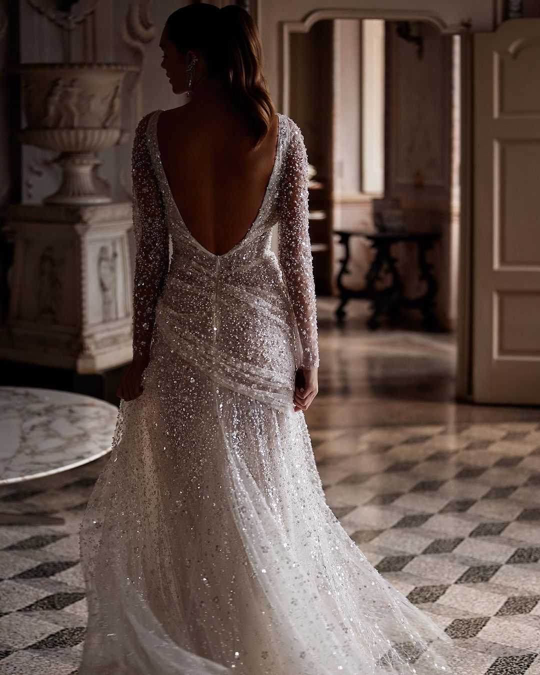 Ful Wedding Dresses Sequins Pearls Mermaid Bridal Gowns Long Sleeve High Split Custom Made Backless Bride Dress Vestidos De Novia 0219