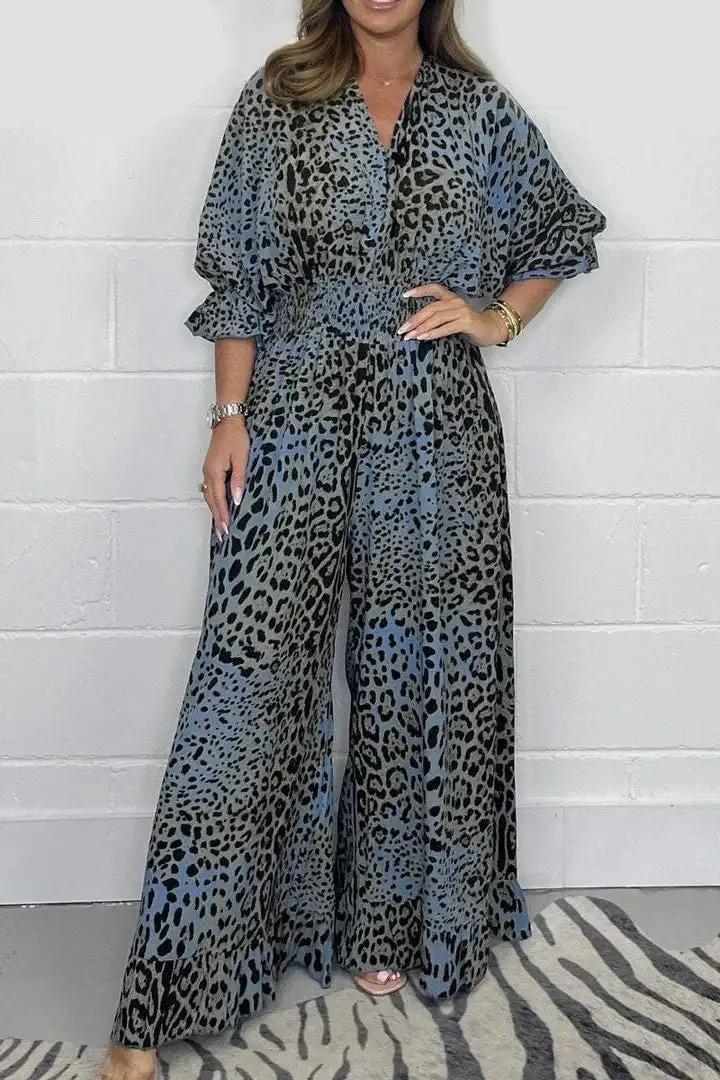 Women's Leopard Print Jumpsuit - Elegant Wide Leg Pantsuit for Business Casual & Party | Sexy Loose Fit Long Dress Pants