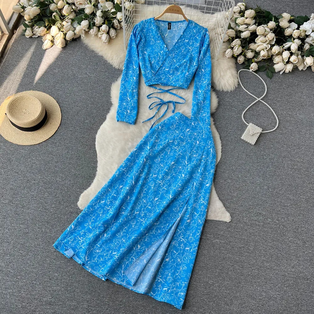 Women Chiffon Vacation Bohemian Two Pieces Suits Summer Lace Up Top Split Long Skirt Sets Y2K Floral Print Beach 240423