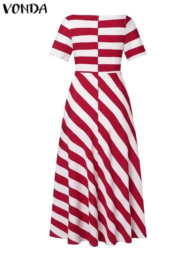 VONDA 2024 Women Sexy Off Shoulder Elegant Stripe Printed Maxi Dress Casual Loose Long Sundress Short Sleeve Bohemian Vestidos 240418