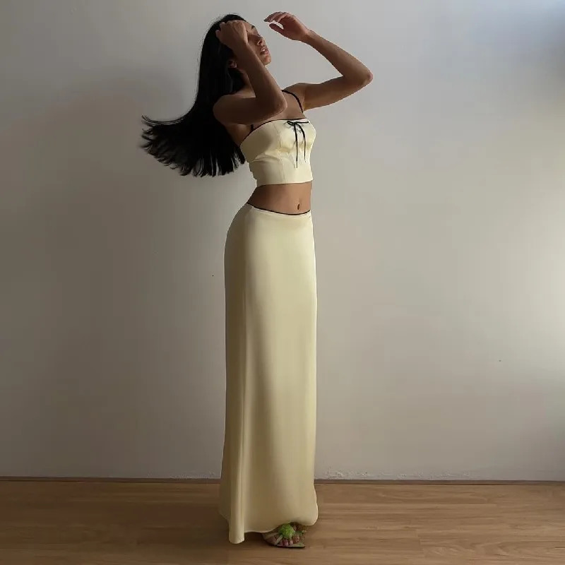WhereMery Temperament Short Set Womens Two Piece Bow Yellow Slim Fit and Beautiful Suspended Tank Top Long Skirt 240423