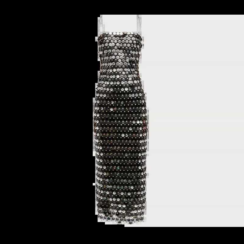 Sexy sequin Pahwork spaghetti strap side seam dress suitable for backless beaded sparkling dresses summer chic new party dresses M241123