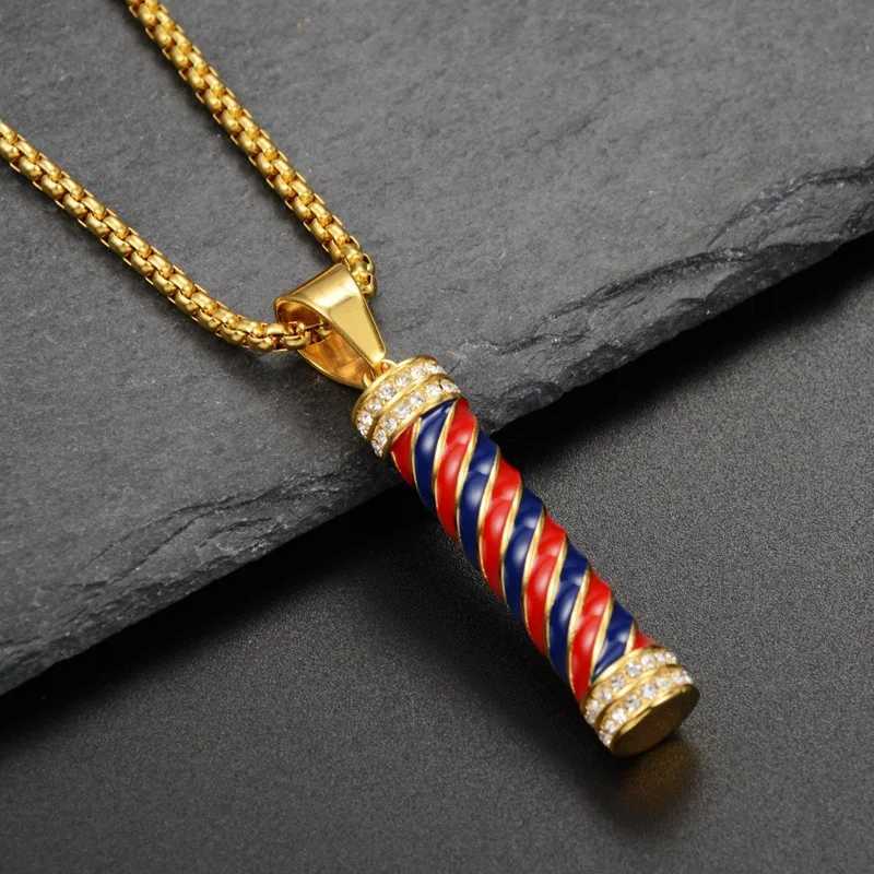 Hiphop Iced Out Barber Pole Lamp Pendant Necklaces For Men Male Gold Color Stainless Steel Chains Mens Hip Hop Jewelry GiftXJ241123
