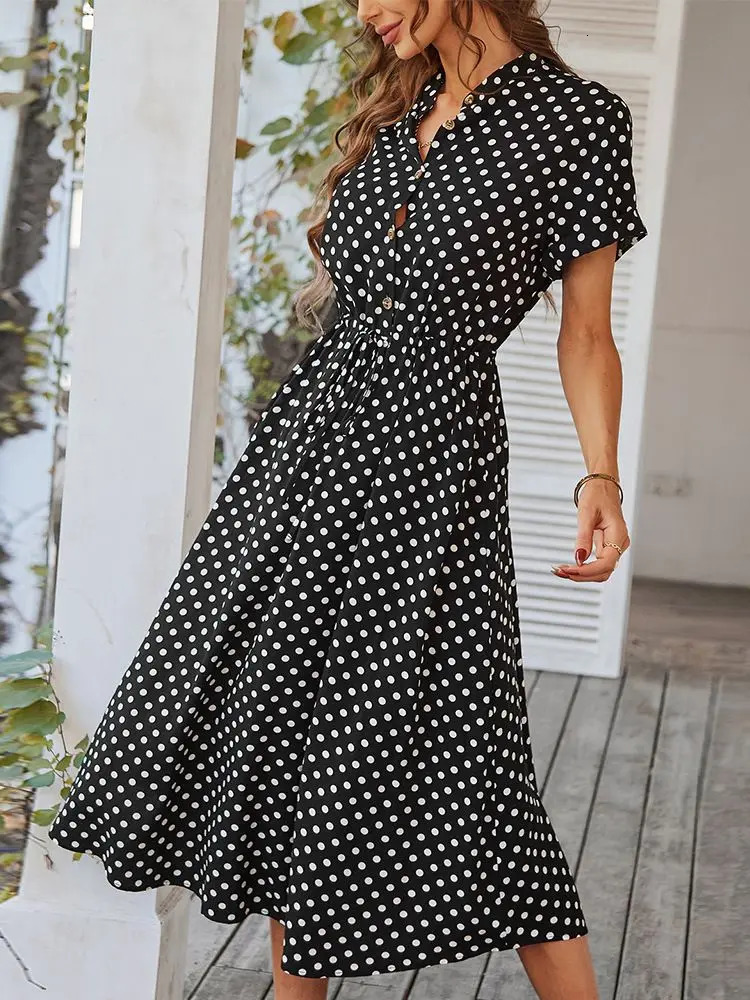 Ladies Polka Dot Print Shirt Dres Casual Midi Holiday Summer Dress Female Loose Women Beach Sundress Robe Vestidos 240416