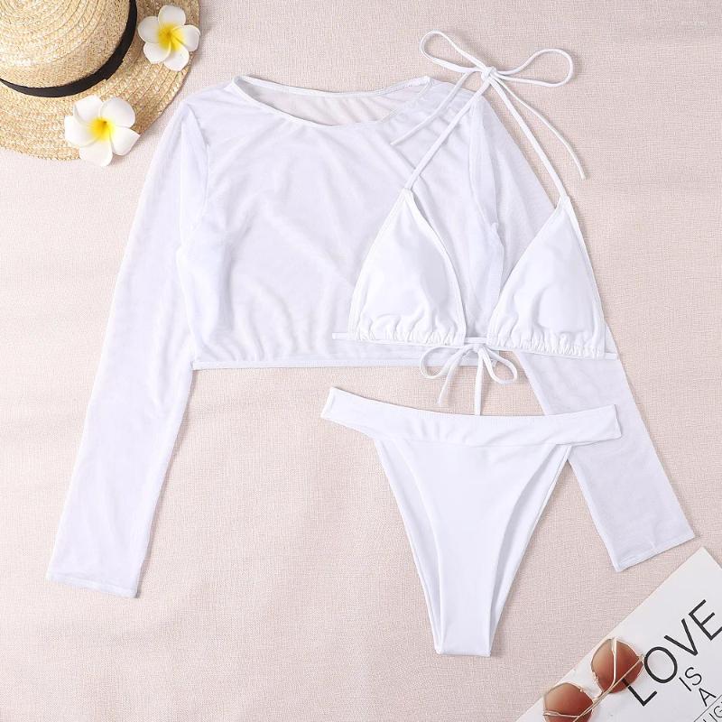 Womens Swimwear 3 Pieces Bikini Sets Long Sleeve Top 2024 Women Swimsuit Thong Female White Bathing Swimming Swim Suit Beachwear Neon