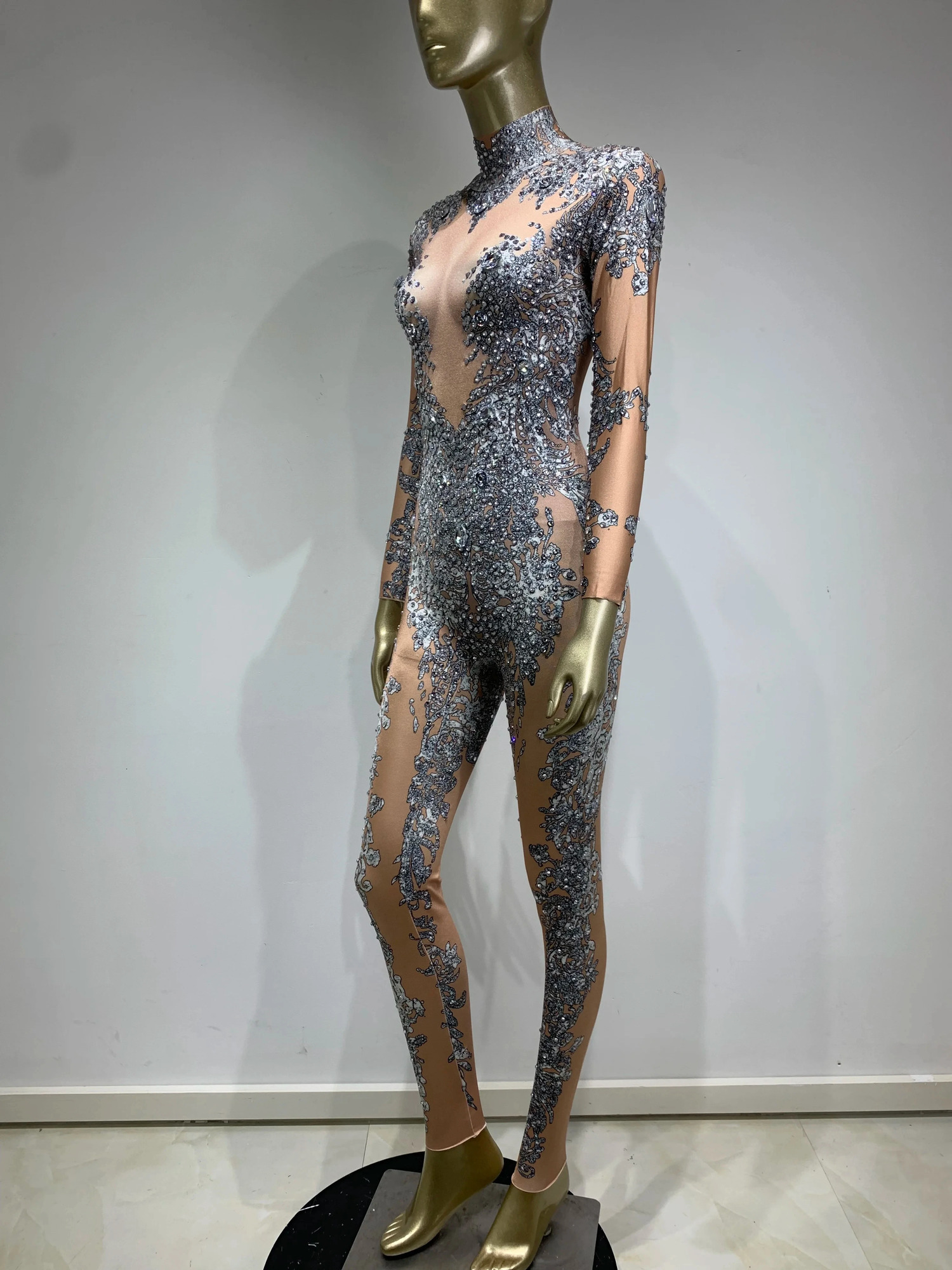 Stock Halloween Women Long Sleeve Rhinestone Sequins Jumpsuit Birthday Party Costume Bar Nightclub Stage Performance Rompers 241121