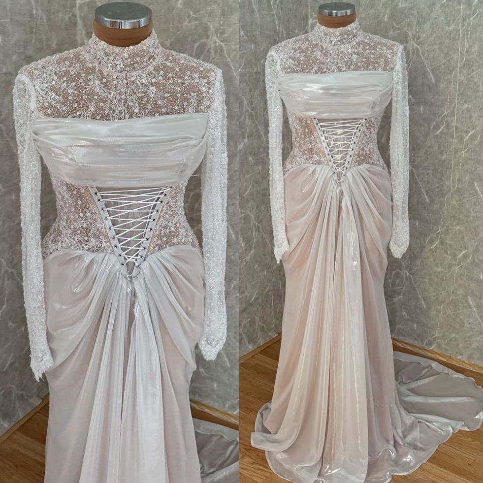 Lace Ivory Mermaid Prom Dresses 2024 Illusion Satin Full Sleeves Evening Formal Party Second Reception Birthday Gowns Dress For Special Occasions