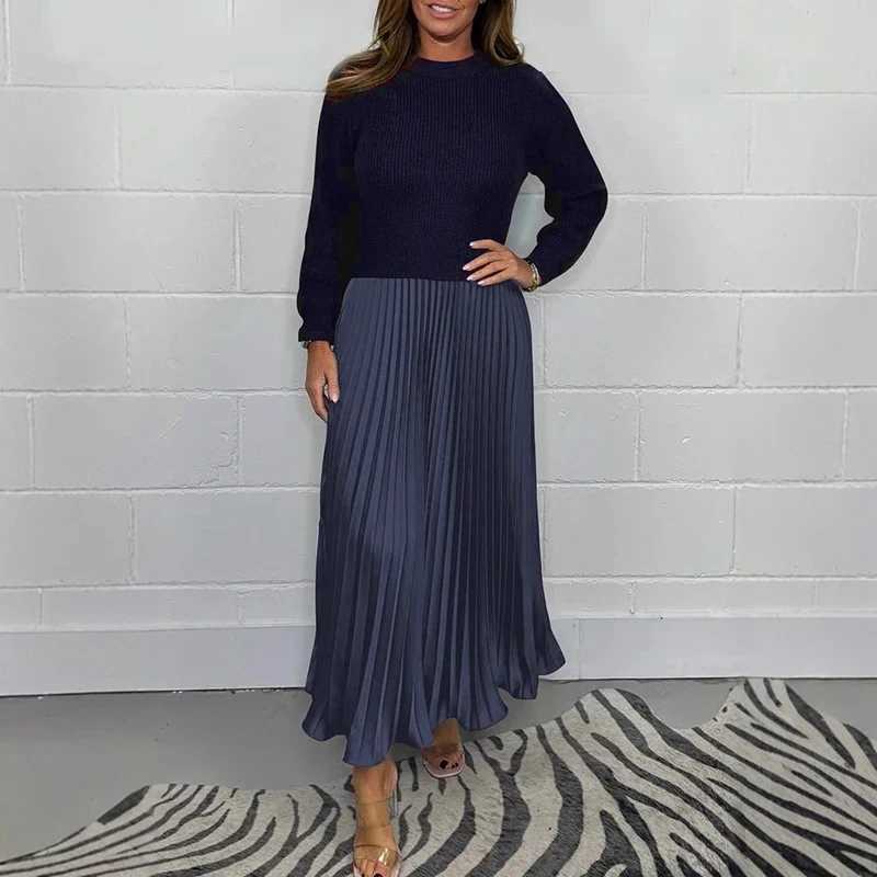 Winter solid Pahwork pleated long dress Wen Ele O collar plow dress casual long Sve party long dress Vestido M241123