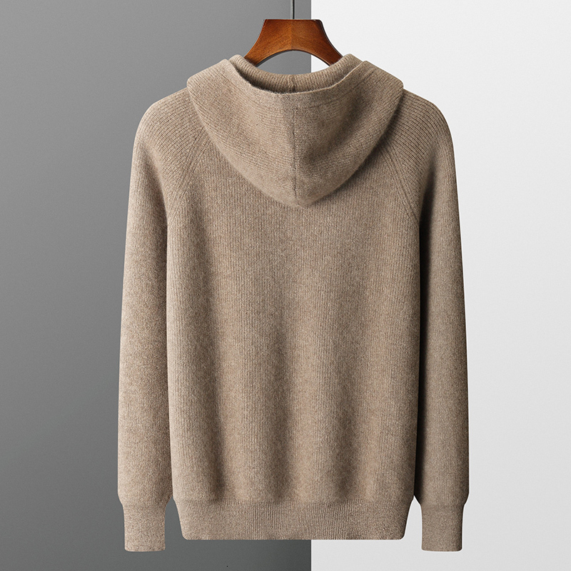 Autumn And Winter New Men's 100% Merino Wool Hooded Zipper Cardigan Knitted Coat Thick Sweater Casual Plus Size Warm Shirt