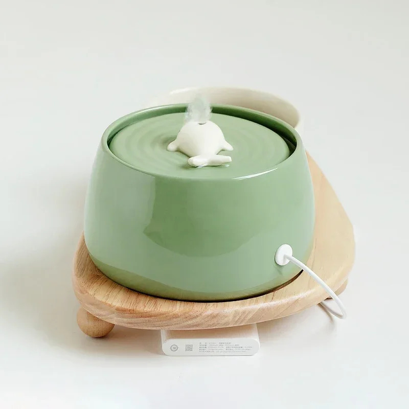 1300ml Cat Water Fountain Ceramic USB Charging Pet Beverage with Filter Small Dog Water Dispenser Wooden Stand 241122