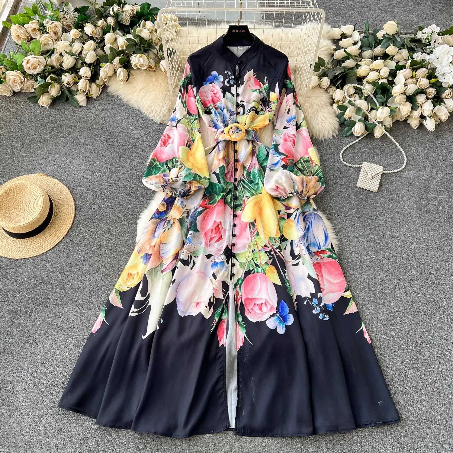 Spring break wer linen dress Wens Stand Long Lantern Sve ral Print single chest belt party Maxi Vestidos 6396 M241123