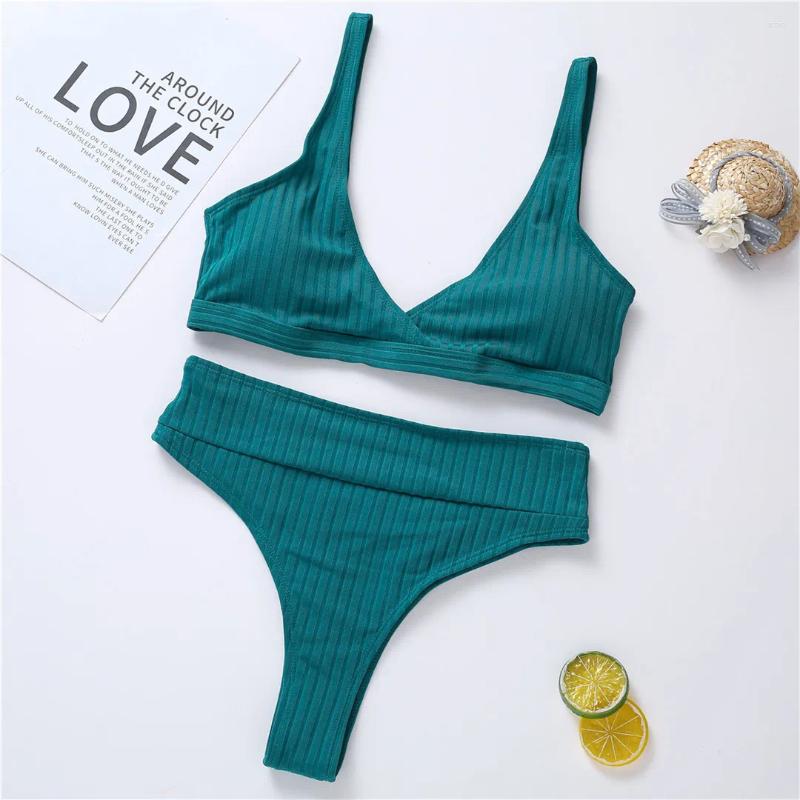 Womens Swimwear Sexy V Neck Solid Ribbed High Waist Bikini Female Swimsuit Women Two-pieces Set Bather Bathing Suit Swim K3088