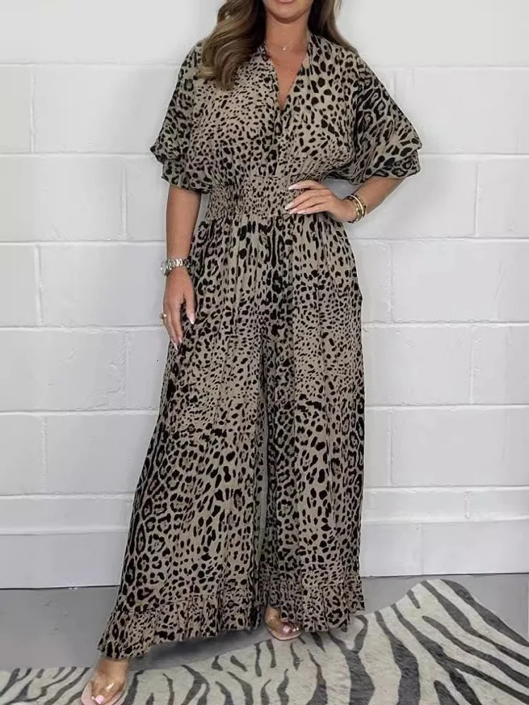 Women's Leopard Print Jumpsuit - Elegant Wide Leg Pantsuit for Business Casual & Party | Sexy Loose Fit Long Dress Pants