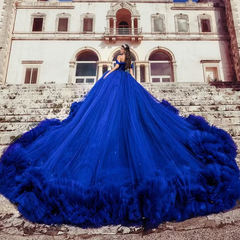 Blue Royal Shiny Quinceanera Dresses Off The Should Applique Beads Tull Tiered Ball Gown Sweet Dress Vestidos De Anos D