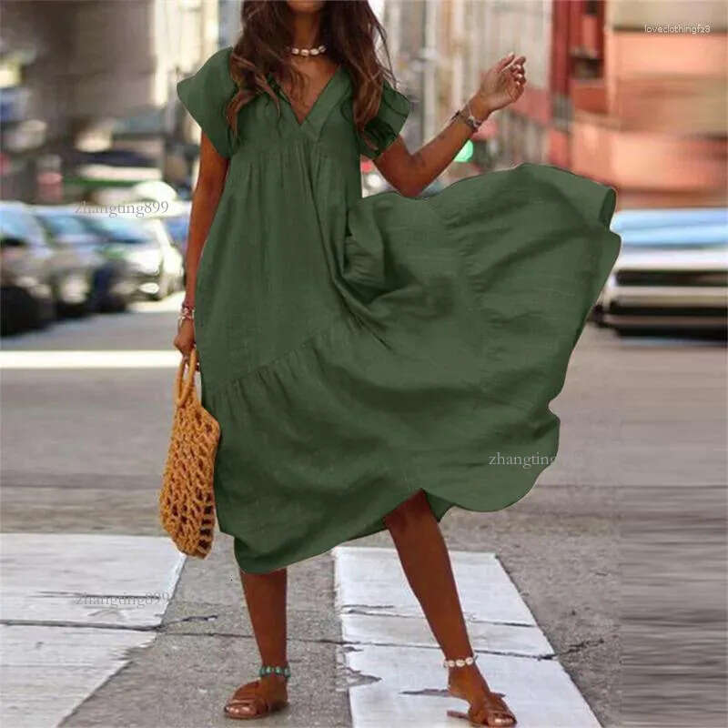 Casual Dresses Large Size Loose V Neck Pullover Cotton Linen Female Summer Short Sleeve Splicing Big Hem Dressy Women Solid Color Gown
