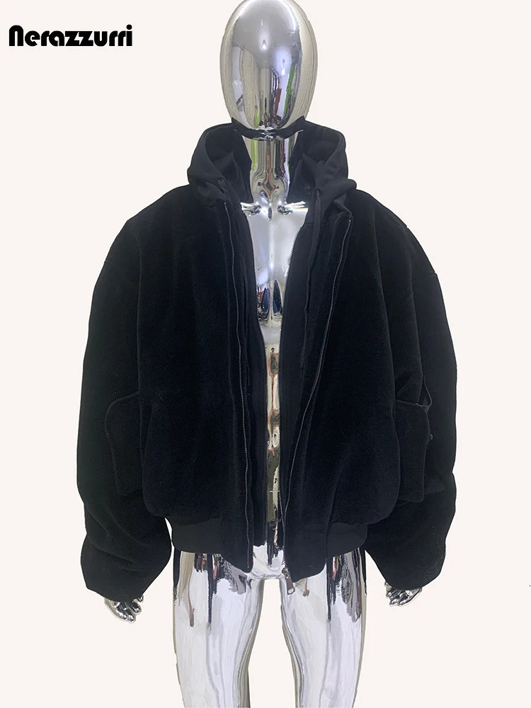Nerazzurri Autumn Winter Cool Extra Thick Warm Black Fur Coat Mens 2-piece Clothing Hoodie Fluffy Armor Jacket 241122