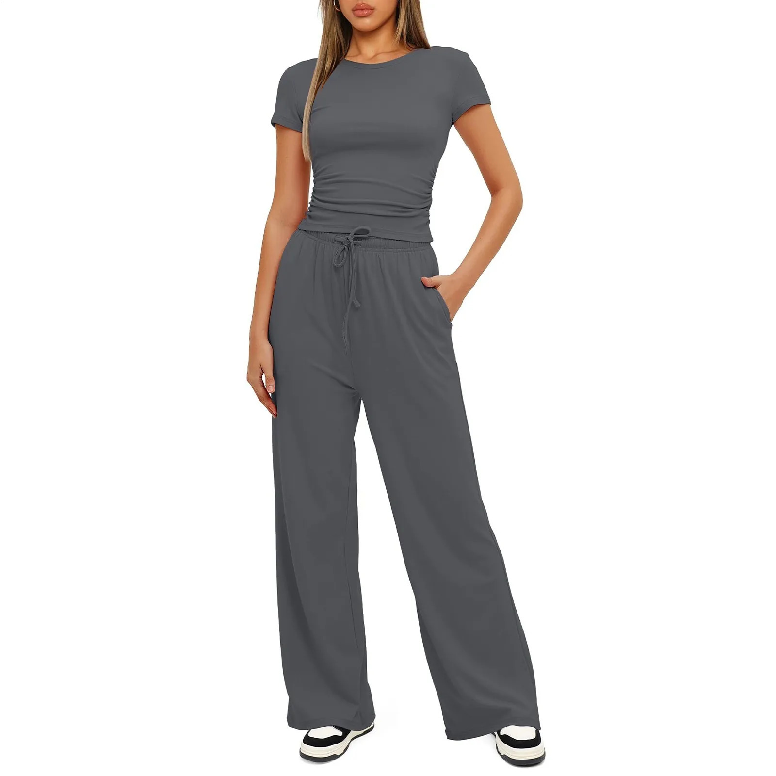 Womens 2 Piece Outfits Lounge Sets Ruched Short Sleeve Tops and High Waisted Wide Leg Pants Tracksuit 240418