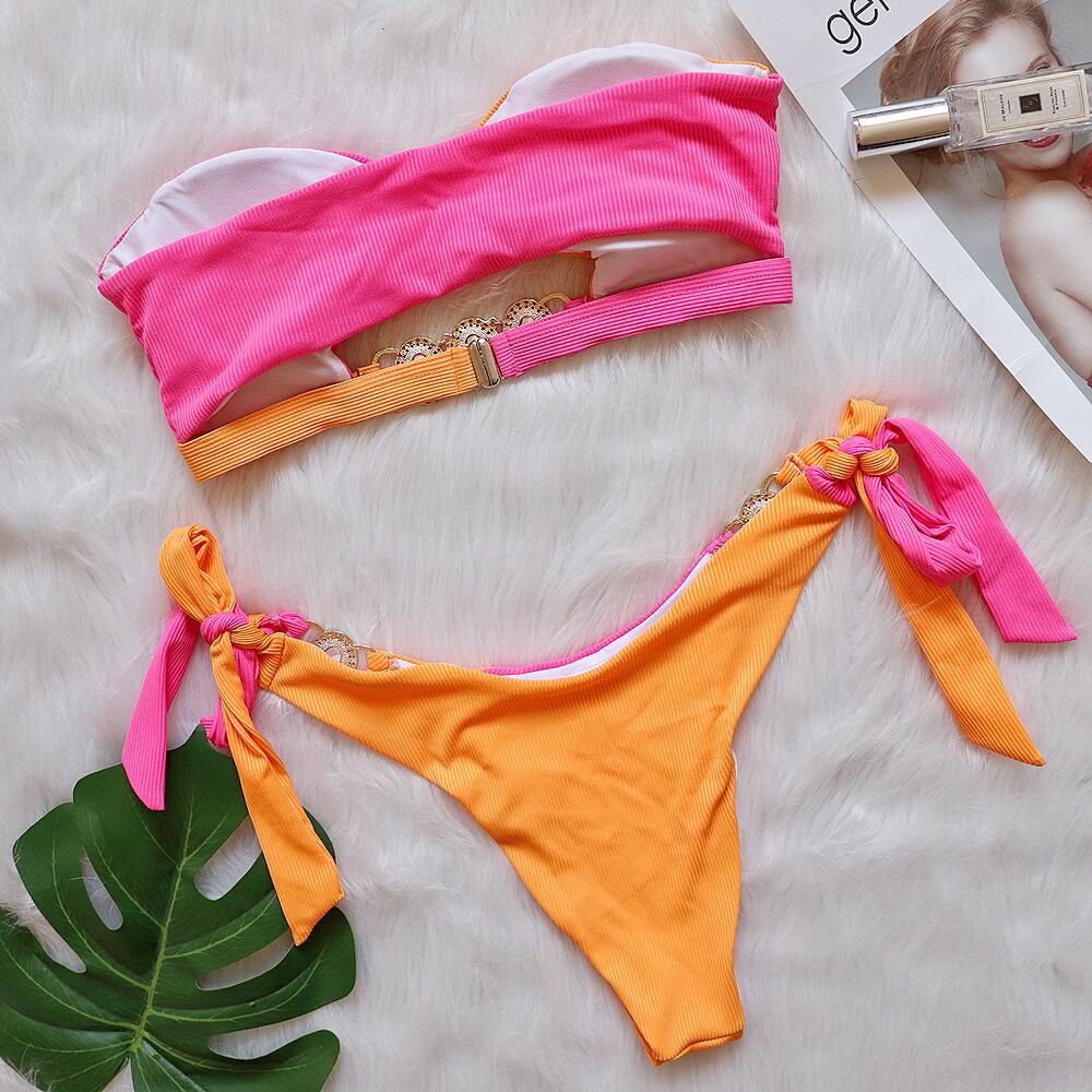 bikini swimsuit bikini swimwear bikinis swim suit Crystal Diamond Bikini Removable Padded Swimsuit Spliced Bandeau Strappy Two-piece Swimsuit