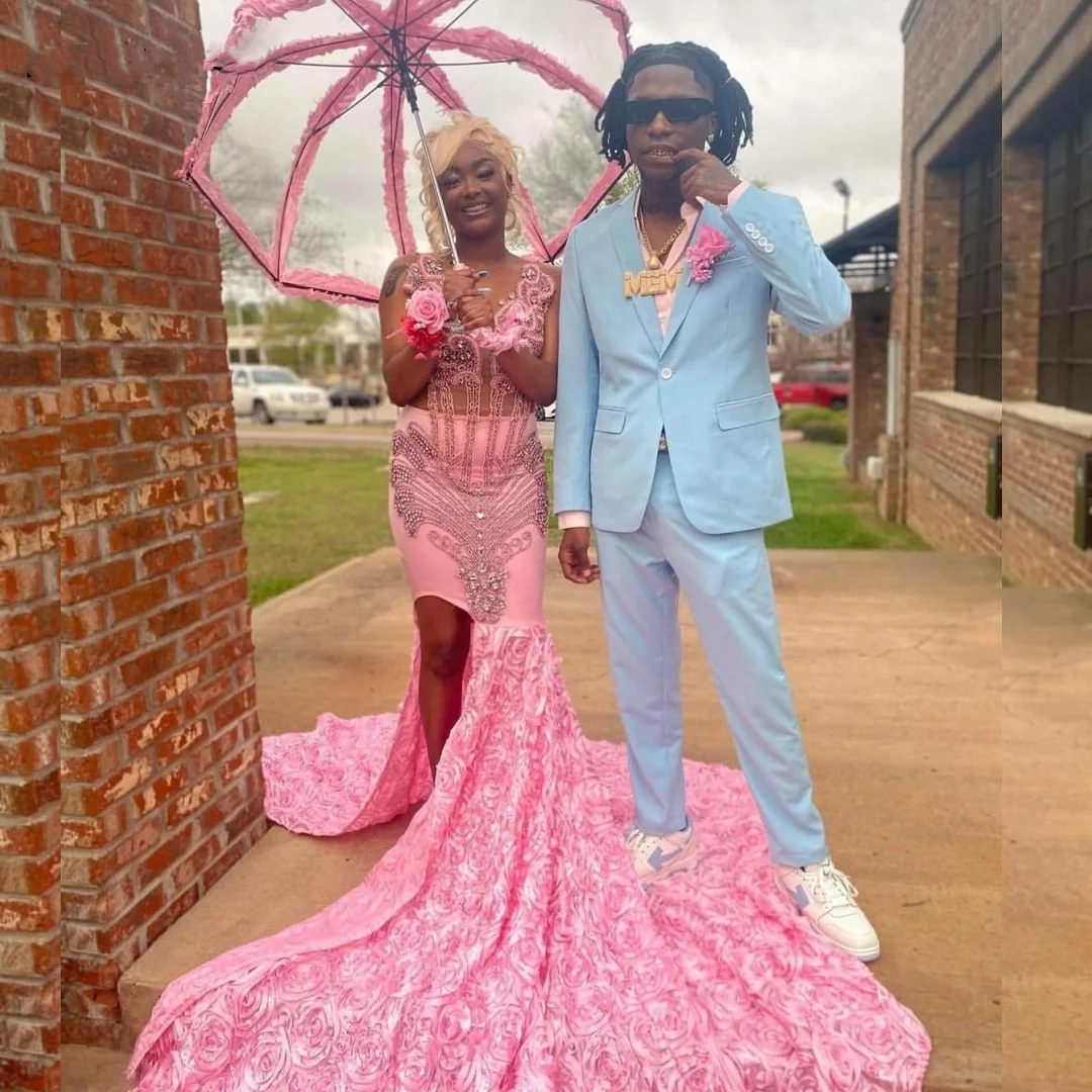 2024 Pink Flowers Mermaid Prom Dress For Black Girls Crystals Rhinestone Beaded Formal Party Gown Vestidos De Gala