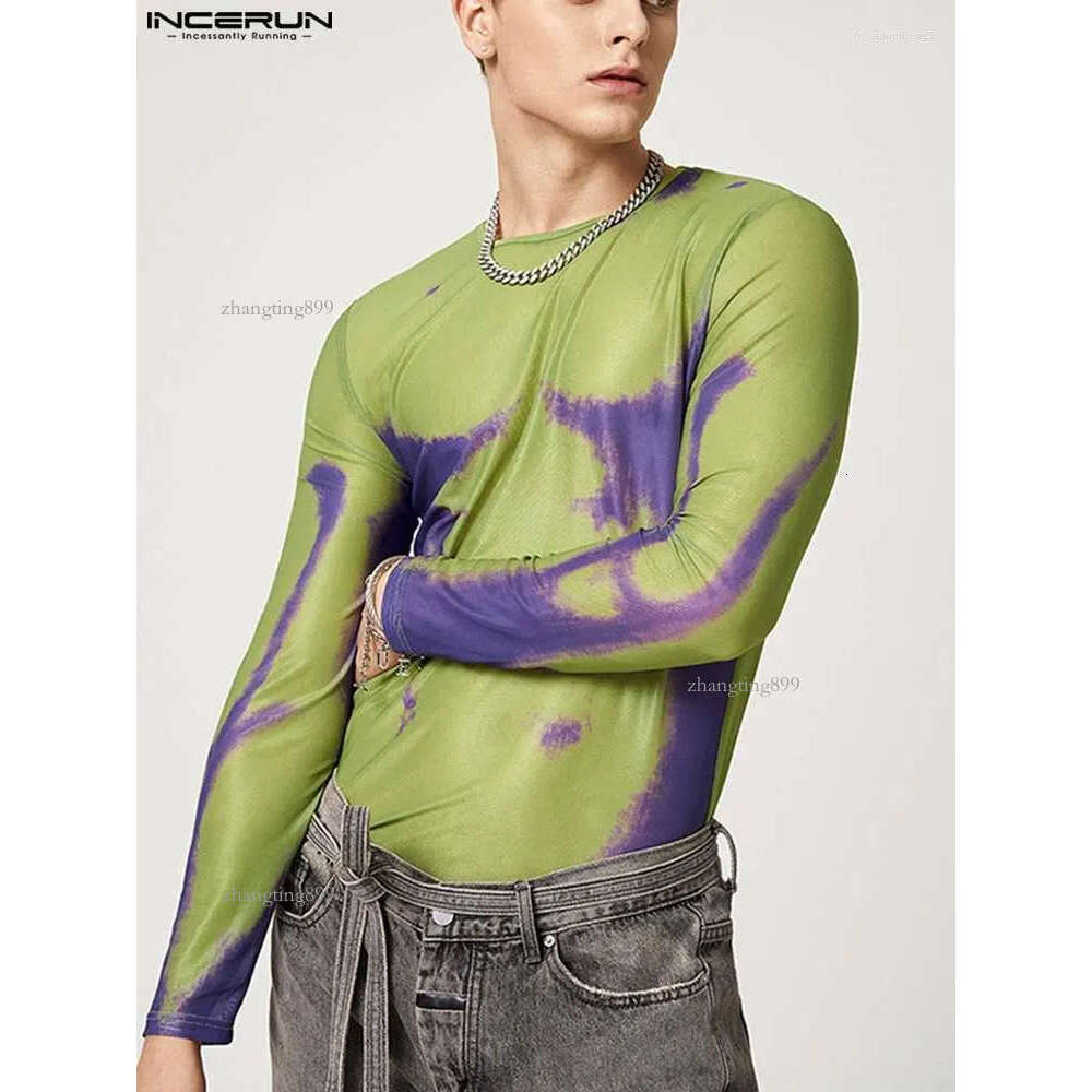 Men's T Shirts 2022 Fashion Men Shirt Printing O-neck Long Sleeve Mesh Transparent Streetwear Casual Camisetas Sexy Undershirt