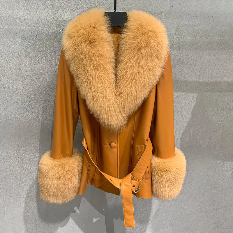 Autumn Winter Fox Fur Collar Real Leather Jacket Women Lady Streetwear Coats FG5077 241121
