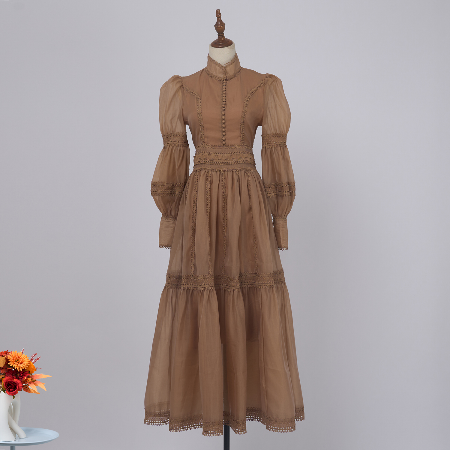 Basic Casual Dresses Autumn Holiday Flower Embroidery Lace Spliced Long Dresses Womens Stand Lantern Sleeve Hollow Out Mesh Evening Party Vestidos