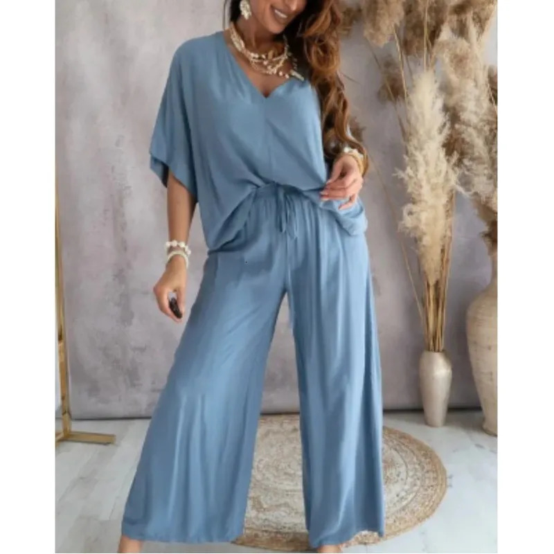 Elegant Womens T-shirt Long Pants 2 pcs Set Summer V-neck Bat Sleeve Loose Hollow Top Casual LadySuit S-XXL 240418